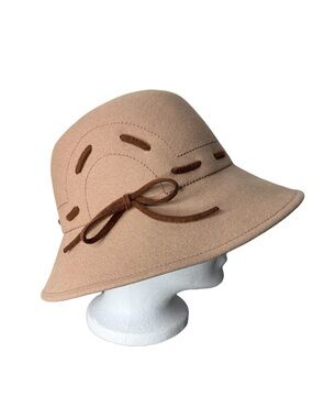 Vintage Tan Fur Felt Cloche Hat Safari Bucket Brown Felt Ribbon Stitching Bow